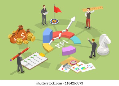 Key Performance Indicator Flat Isometric Vector Concept. Renders Major KPI Points As Following Objective, Measurement, Optimization, Strategy, Performance, Evaluation.