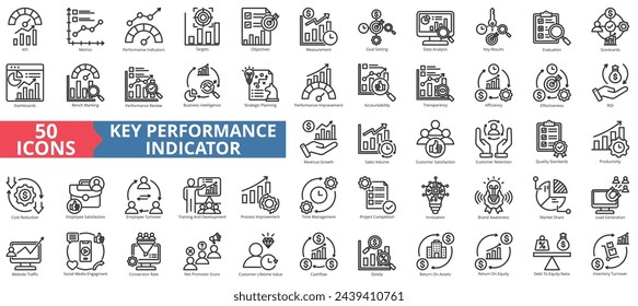 Key performance indicator icon collection set. Containing metrics, performance, indicator, targets, objective, measurement, improvement icon. Simple line vector illustration.