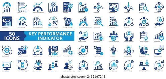 Colección del icono del indicador de rendimiento clave. Conteniendo métricas, rendimiento, indicador, objetivos, objetivo, medición, icono de mejora. Sencilla Ilustración vectorial de iconos.