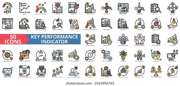 Key performance indicator icon collection set. Containing metrics, performance, indicator, targets, objective, measurement, improvement icon. Simple flat outline vector illustration