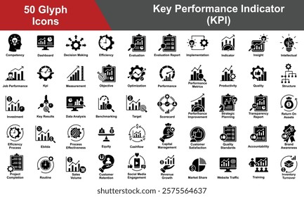  Key Performance Indicator Icon Set Collection. Containing Competency, Decision Making, Efficiency, Evaluation, Implementation, Indicator, Insight, KPI, Intellectual. Simple Glyph Vector Illustration.