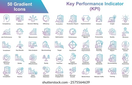 Key Performance Indicator Icon Set Collection. Containing Competency, Decision Making, Efficiency, Evaluation, Implementation, Indicator, Insight, Intellectual. Simple Gradation Vector Illustration.