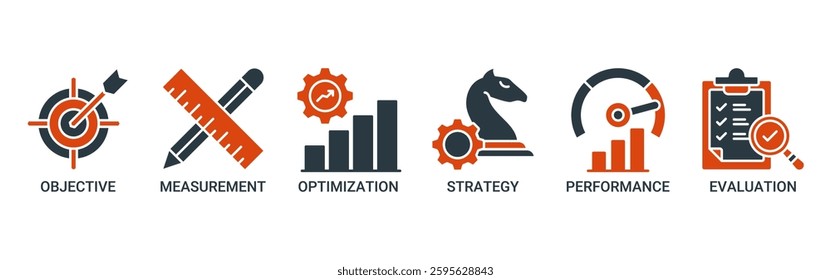 Key performance indicator icon set. Vector illustration concept with icon of objective, measurement, optimization, strategy, performance, and evaluation icons. Solid color vector symbol background.