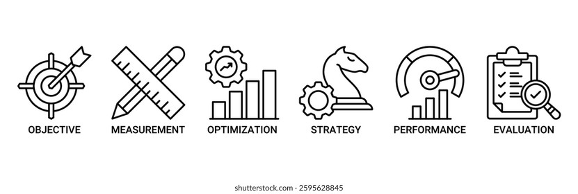 Key performance indicator icon set. Vector illustration concept with icon of objective, measurement, optimization, strategy, performance, and evaluation icons. Outline vector symbol background.