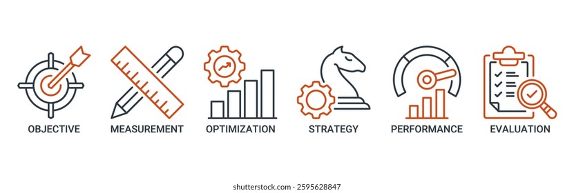 Key performance indicator icon set. Vector illustration concept with icon of objective, measurement, optimization, strategy, performance, and evaluation icons. Outline vector symbol background.