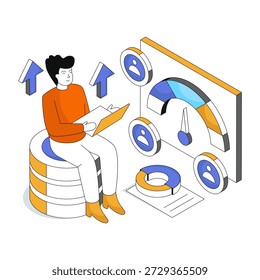 Ilustración del indicador de rendimiento clave en diseño isométrico aislado sobre fondo blanco