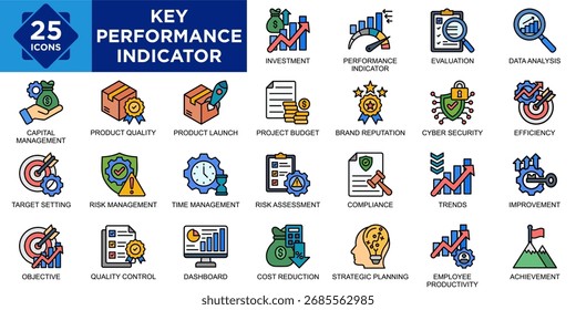 indicador chave de desempenho, desempenho, kpi, indicador, análise, conjunto de ícones de negócios. Coleção de ícones de tópicos. Ilustração de vetor simples