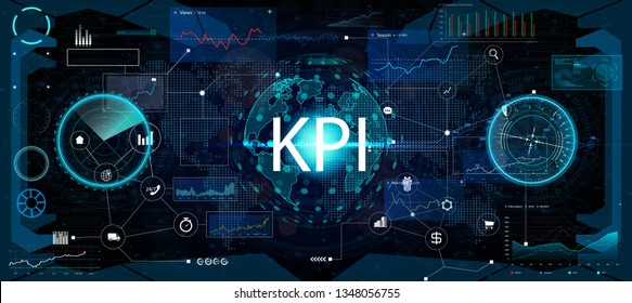 Key Performance Indicator (KPI) And Business Analytics (BA), Metrics To Measure Achievement Versus Planned Target On An Automated Marketing Dashboard, Person Touching Screen Icon, Success. Vector