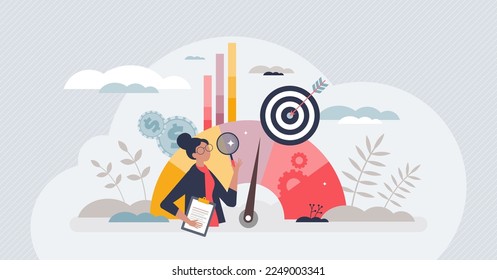 Key performance indicator or KPI for business success evaluation tiny person concept. Professional company analysis and review for satisfaction report vector illustration. Profit and revenue level.