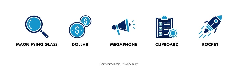 Key Performance Indicators banner web icon illustration concept with icon of magnifying glass, dollar, megaphone, clipboard, and rocket