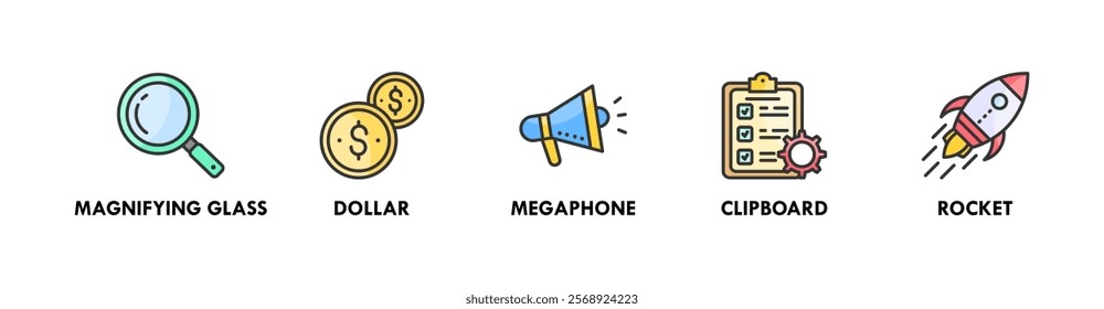 Key Performance Indicators banner web icon illustration concept with icon of magnifying glass, dollar, megaphone, clipboard, and rocket