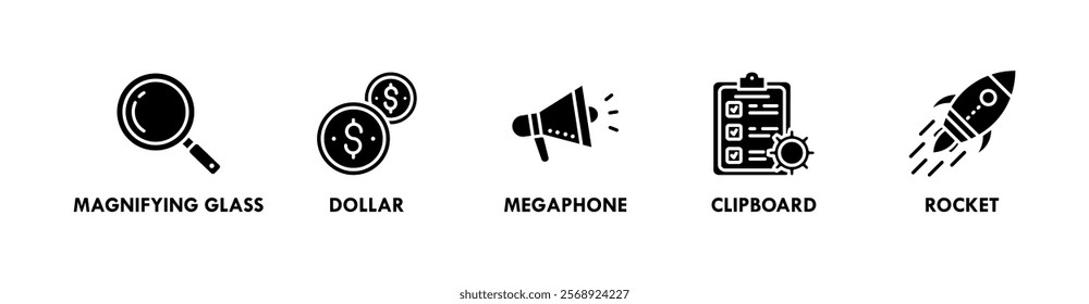 Key Performance Indicators banner web icon illustration concept with icon of magnifying glass, dollar, megaphone, clipboard, and rocket