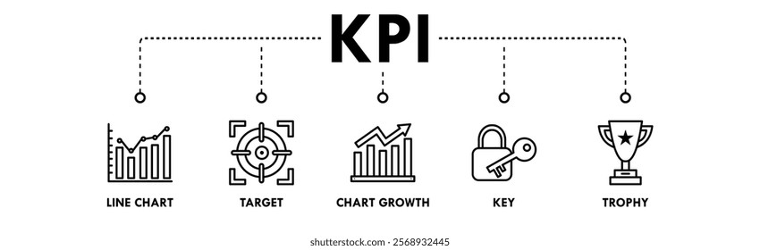 Key Performance Indicators banner web icon illustration concept with icon of line chart, target, chart growth, key, and trophy