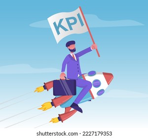 Wichtigste Leistungsindikatoren.
Geschäftsmann, der eine Rakete führt und eine Flagge mit KPI besitzt
