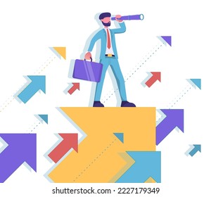 Key performance indicators. Businessman stands at arrows up and looks through the spyglass