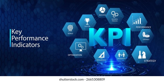 Conceito de Indicadores-Chave de Desempenho com Ícones de Negócios. Infográfico digital mostrando KPI com ícones para estratégia de negócios, análise e métricas de desempenho em um plano de fundo azul. Banner do KPI de vetor