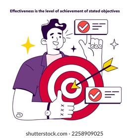 Key performance indicators. Employee efficiency evaluation. Effectiveness is the level of achievement of stated objectives. Staff management and development. Flat vector illustration