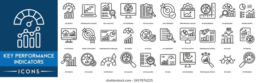 Key Performance Indicators icon. KPI Metrics, Performance Tracker, Data Analytics, KPI Dashboard, Evaluation, Goal Progress, Performance Analysis, Measurement, Benchmark, Business Metric icon