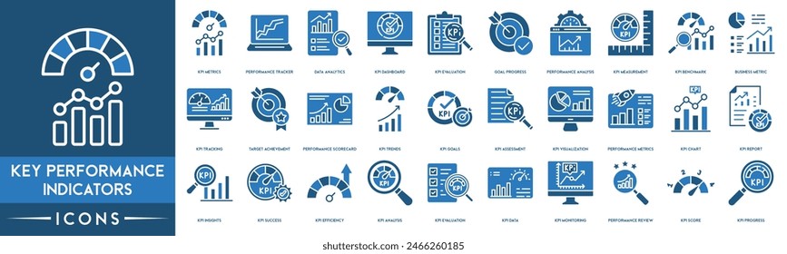 Key Performance Indicators icon. KPI Metrics, Performance Tracker, Data Analytics, KPI Dashboard, Evaluation, Goal Progress, Performance Analysis, Measurement, Benchmark, Business Metric icon