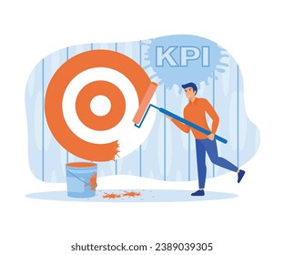 Key Performance Indicators KPI. Businessman on ladder using paint roller to paint big dartboard, archery target. flat vector modern illustration 