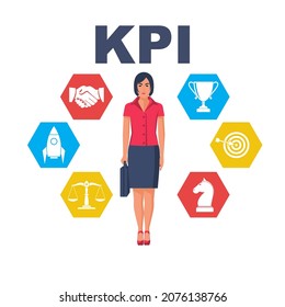 Key performance indicators. KPI concept. Set of personal skills. Vector illustration flat design. Isolated on white background. Confident modern businesswoman.