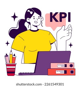 Key performance indicators. KPI is an indicator to measure employee efficiency. Testing form to report worker performance. Staff management and development. Flat vector illustration