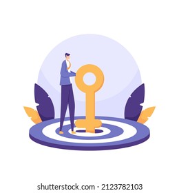 Key Performance Indicators. The key to success and achieving business targets. Entrepreneurs use the golden key to get to their targets and unlock business success. flat cartoon illustration. concept 