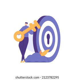 Key Performance Indicators. The key to success and achieving business targets. Entrepreneurs use the golden key to get to their targets and unlock business success. flat cartoon illustration. concept 