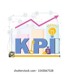 Key Performance Indicators typography. Performance indicators of the company, staff work. Strategic management, tactics, solving business problems to achieve success. Trendy flat cartoon style.