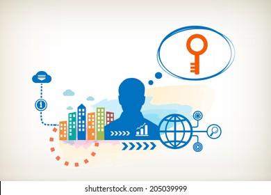 Key and person with bubbles for dialogue. Think and decide.