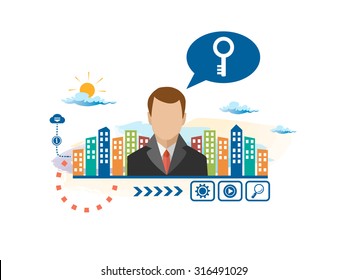 Key and person with bubbles for dialogue. Think and decide. Concept for business.