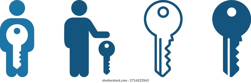 Symbolsatz für Schlüssel und Person, Zugriffs- und Sicherheitssymbole, Grafiken zum Eigentumskonzept, minimales Vektordesign, Identitätselemente