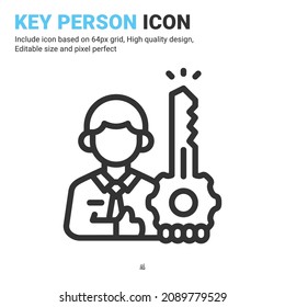 Vector de icono de persona clave con estilo de contorno aislado en fondo blanco. Ilustración vectorial símbolo de firma de empleados concepto de icono para negocios, finanzas, industria, empresa, aplicaciones, web y todo el proyecto