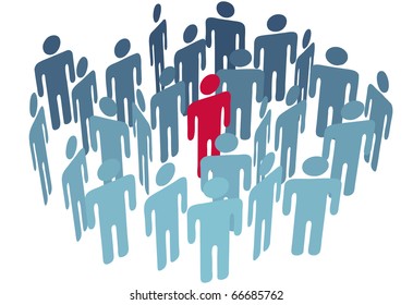 A key person leader or speaker stands in the middle of a company or group of people