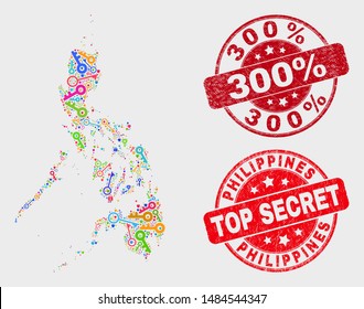 Key Philippines map and seal stamps. Red rounded Top Secret and 300% scratched seal stamps. Colorful Philippines map mosaic of different safety elements. Vector collage for keeping purposes.