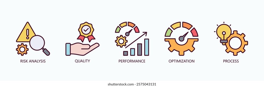 Key Pillars Of Excellence Icon Set Isolated Vector With Icon Of Risk Analysis, Quality, Performance, Optimization, Process In Outline Color Style