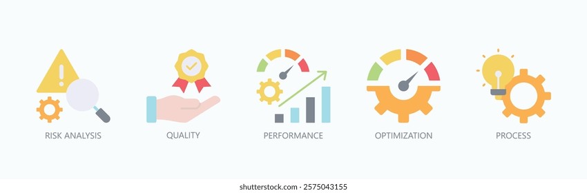 Key Pillars Of Excellence Icon Set Isolated Vector With Icon Of Risk Analysis, Quality, Performance, Optimization, Process In Flat Style