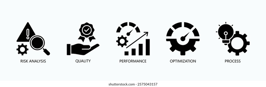 Key Pillars Of Excellence Icon Set Isolated Vector With Icon Of Risk Analysis, Quality, Performance, Optimization, Process In Glyph Style