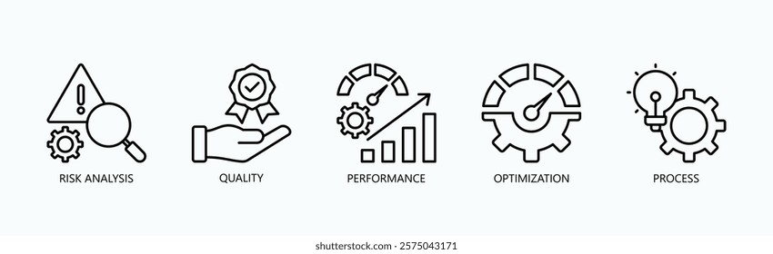 Key Pillars Of Excellence Icon Set Isolated Vector With Icon Of Risk Analysis, Quality, Performance, Optimization, Process In Outline Style