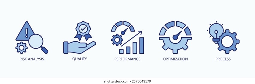 Key Pillars Of Excellence Icon Set Isolated Vector With Icon Of Risk Analysis, Quality, Performance, Optimization, Process In Blue Style