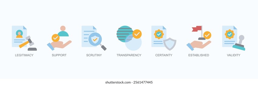 Key Pillars Of Trust And Credibility Icon Set Isolated Vector Illustration Concept With Icon Of Legitimacy, Support, Scrutiny, Transparency, Certainty, Established, Validity In Flat Style