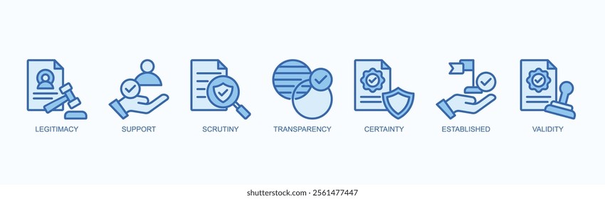 Key Pillars Of Trust And Credibility Icon Set Isolated Vector Illustration Concept With Icon Of Legitimacy, Support, Scrutiny, Transparency, Certainty, Established, Validity In Blue Style