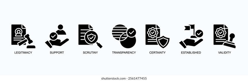 Key Pillars Of Trust And Credibility Icon Set Isolated Vector Illustration Concept With Icon Of Legitimacy, Support, Scrutiny, Transparency, Certainty, Established, Validity In Glyph Style