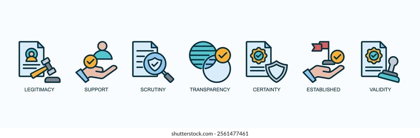 Key Pillars Of Trust And Credibility Icon Set Isolated Vector Illustration Concept With Icon Of Legitimacy, Support, Scrutiny, Transparency, Certainty, Established, Validity In Outline Color Style