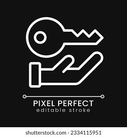 Key pixel perfect white linear icon for dark theme. Access to private information. Data storage security. Thin line illustration. Isolated symbol for night mode. Editable stroke. Poppins font used