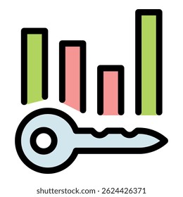 Key placed below a growing bar graph chart symbolizing unlocking business success, achieving goals, and finding solutions