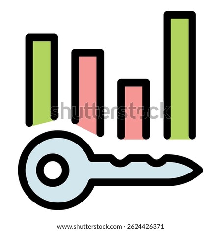 Key placed below a growing bar graph chart symbolizing unlocking business success, achieving goals, and finding solutions