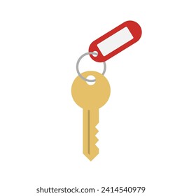 Key with plastic keyring and label icon in flat style. Vector illustration.