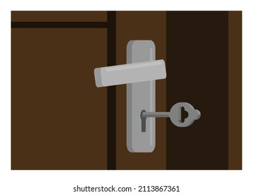 Llave conectada al agujero de la cerradura de la puerta. Ilustración plana simple.