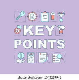 Key points, features concept icon. Tasklist. Task management. Data analyzing. Guide, documents. Presentation, website. Isolated lettering typography idea with linear icons. Vector outline illustration